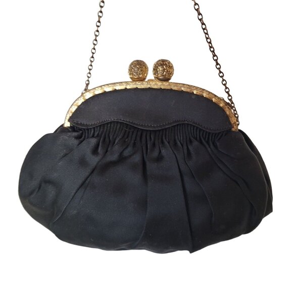 Vintage Black Kiss Lock Clasp Purse Hand Embroidered Rose Vines and Flowers - Picture 6 of 10